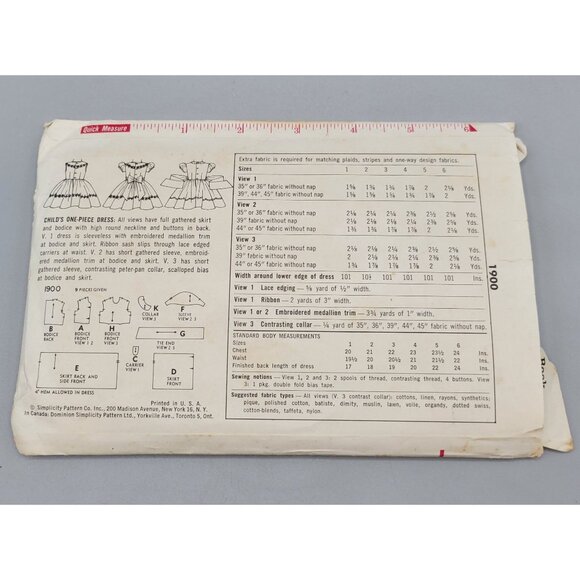 Simplicity 1956 Child's One Piece Dress Sewing Pattern #1900 Size 1 - Picture 3 of 3